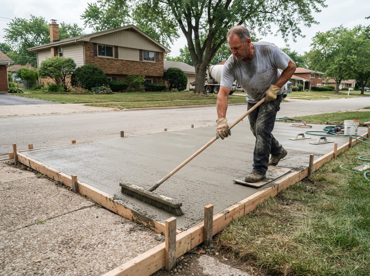 Active concrete broom-finishing on an established Munster home driveway