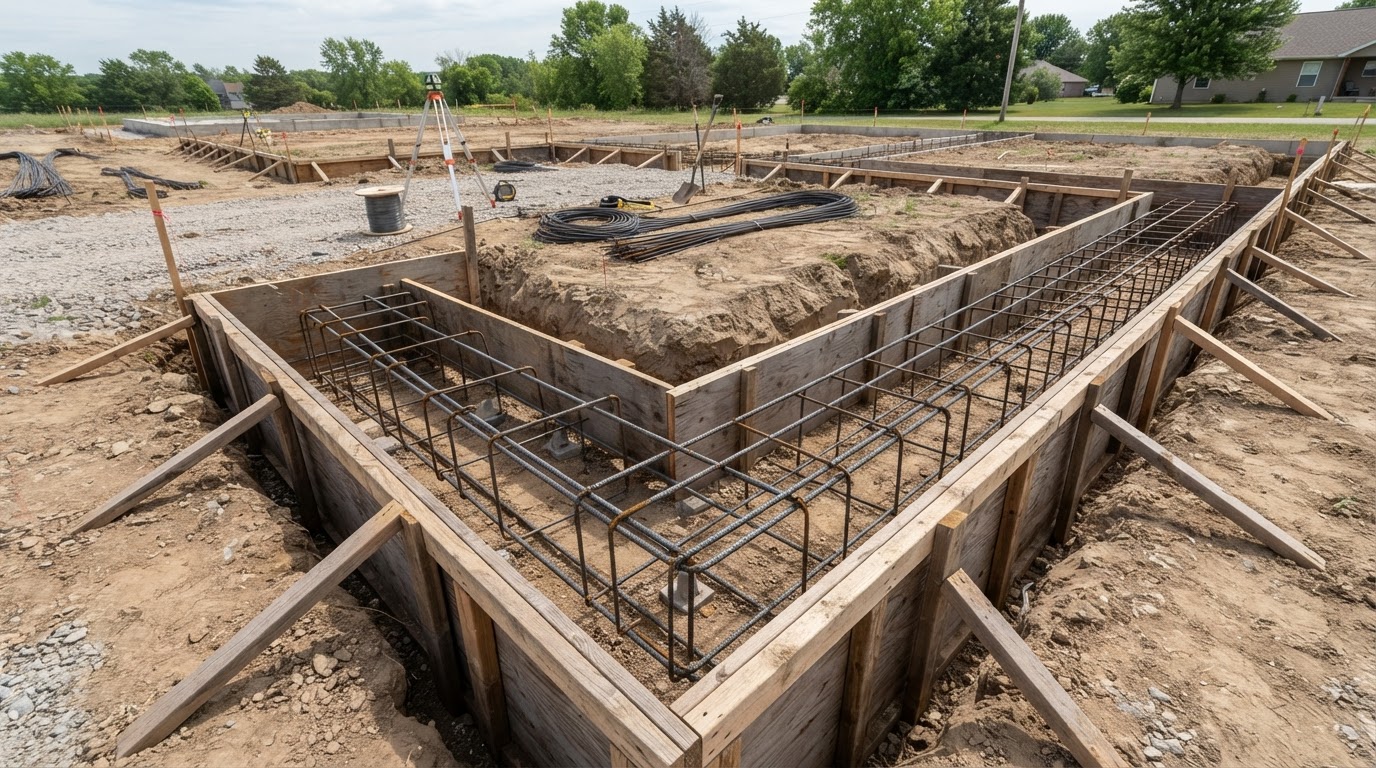 Concrete footing excavation and reinforcement