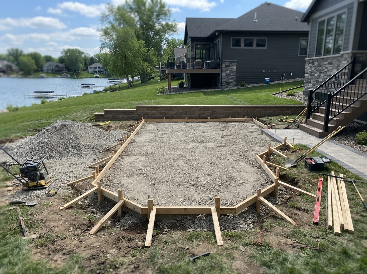 Concrete patio base preparation and forms in Cedar Lake