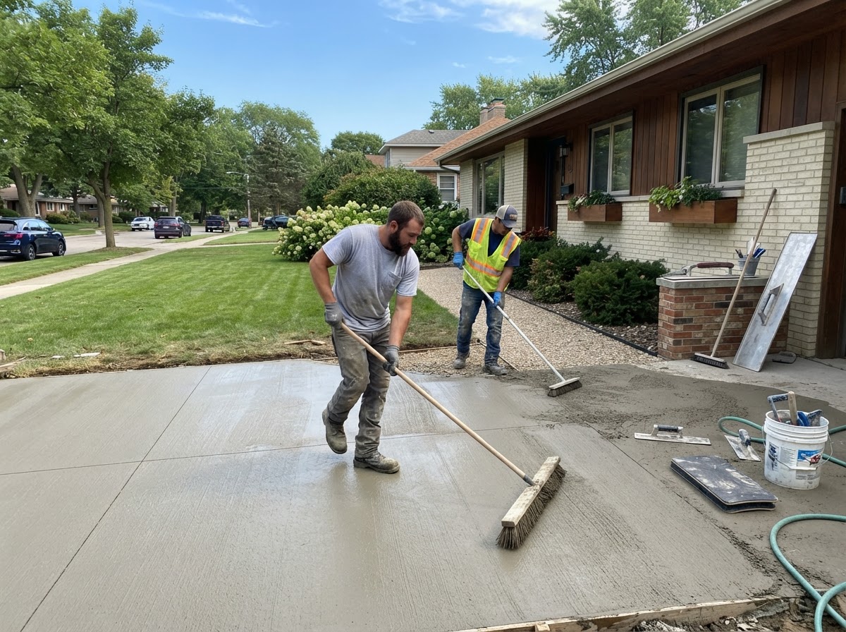 Broom finishing a concrete driveway in Highland