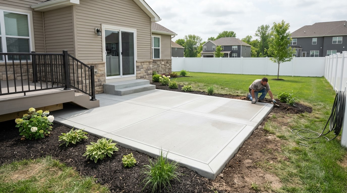 Concrete patio installation in a St. John style residential backyard