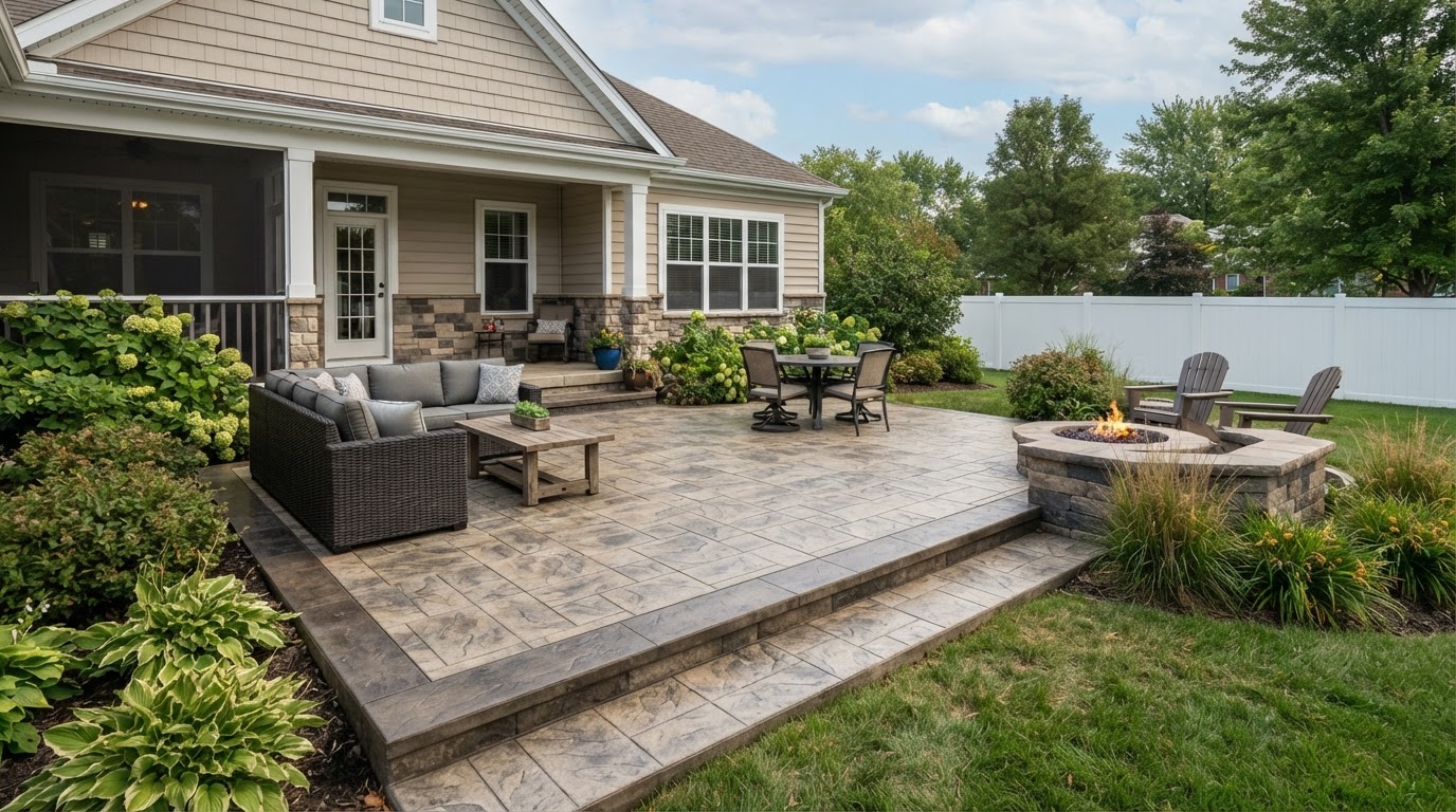 Stamped concrete patio in a Crown Point style residential setting