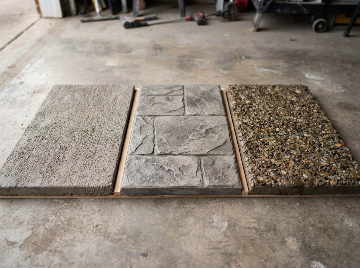 Concrete finish options including broom, stamped and exposed aggregate textures