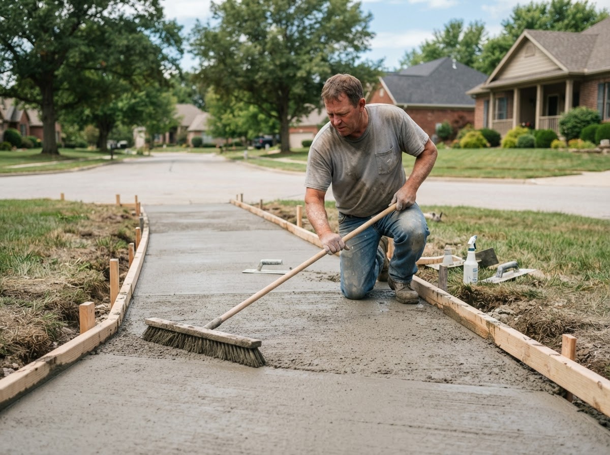 Broom finishing a residential concrete sidewalk