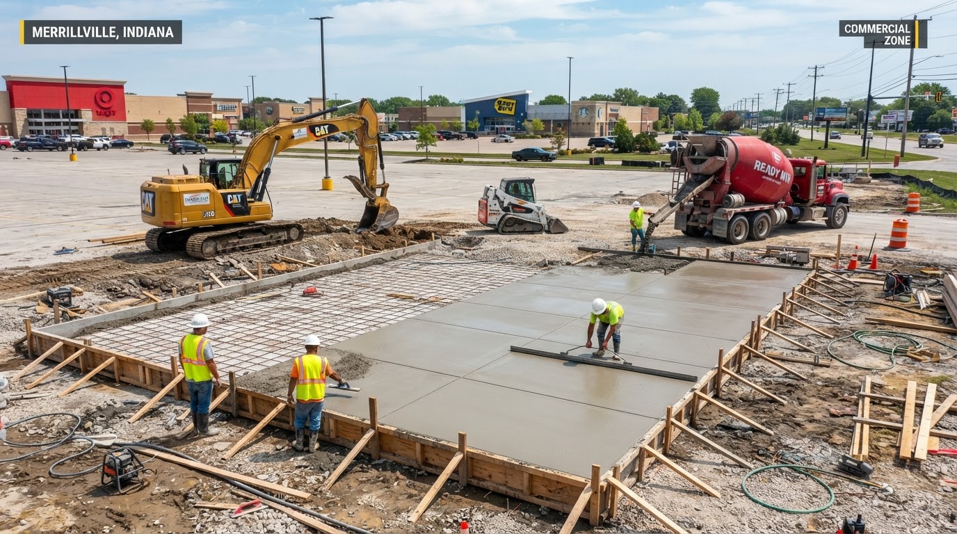 Concrete parking area under construction in a Merrillville commercial setting