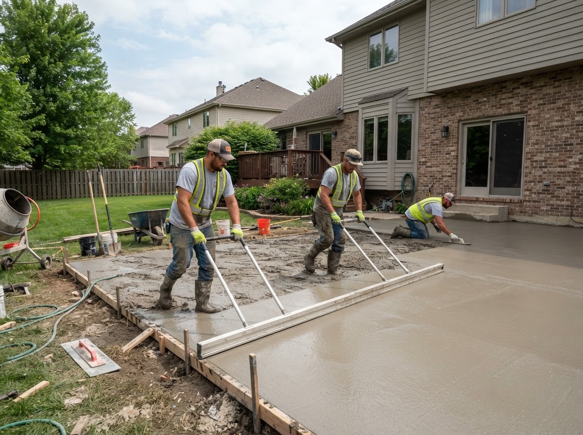 Workers finishing a concrete patio in Dyer