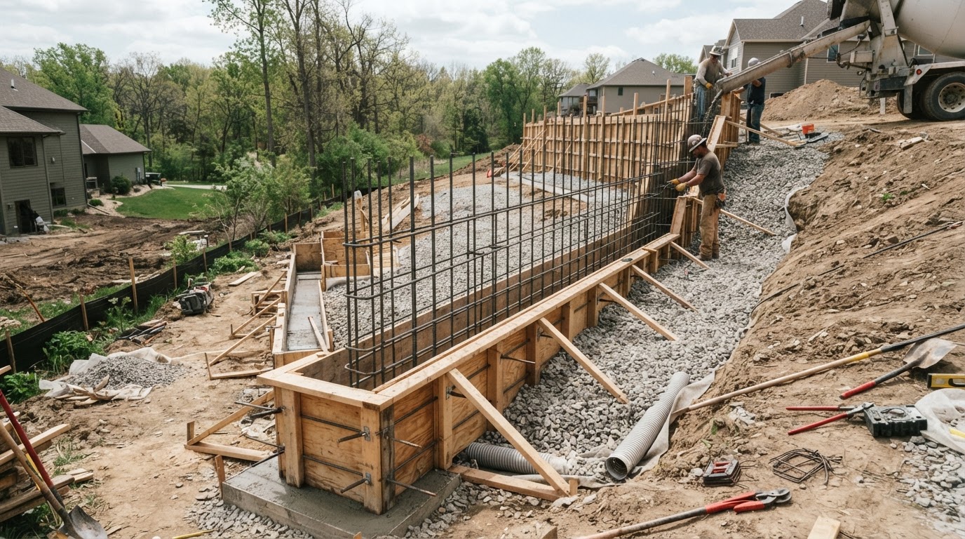 Poured concrete retaining wall construction with reinforcement