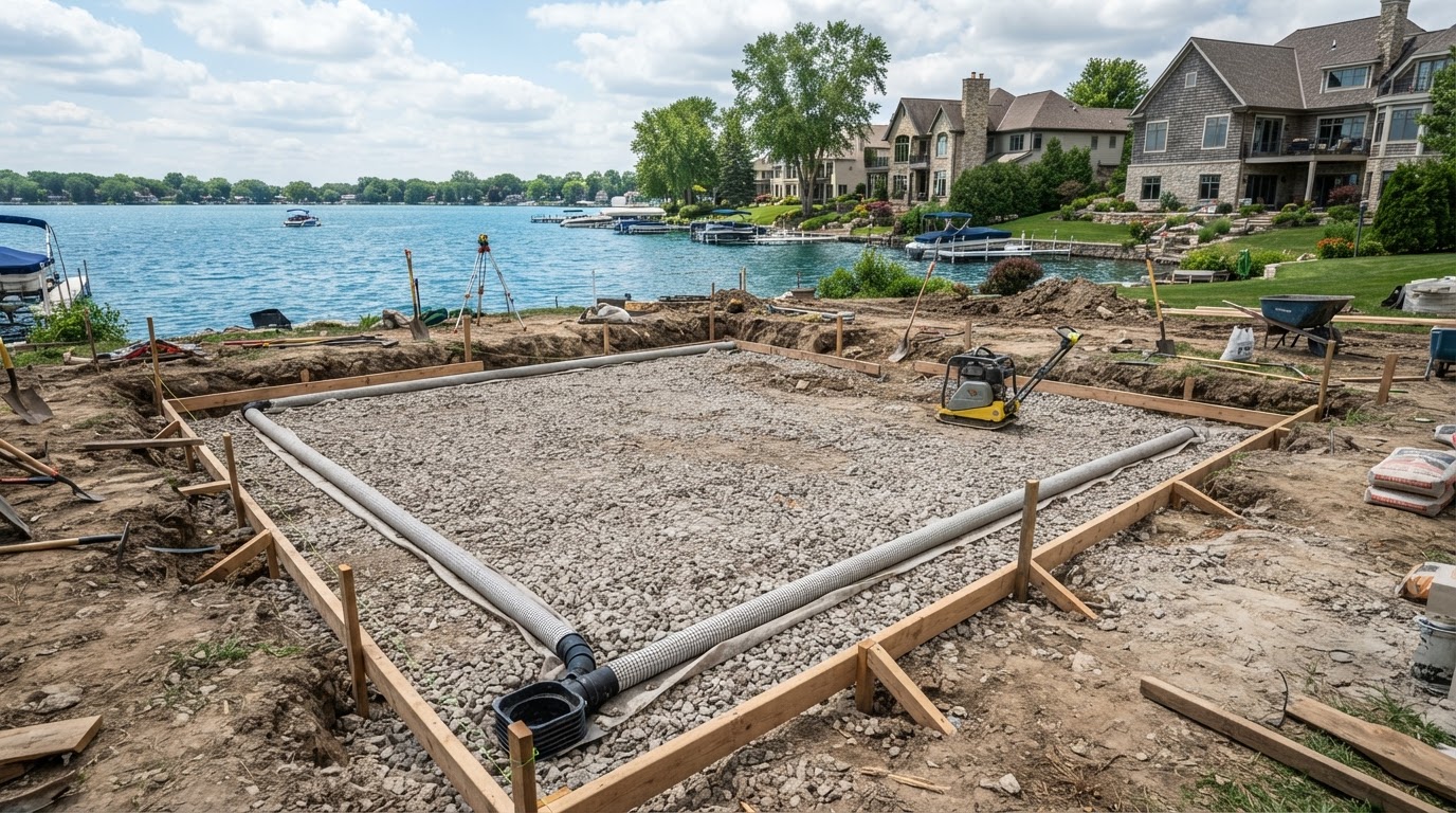 Concrete base preparation with drainage at a Cedar Lake residential site