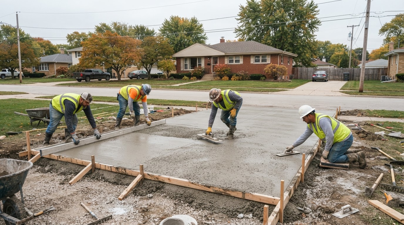 Concrete driveway installation in a suburban Northwest Indiana setting