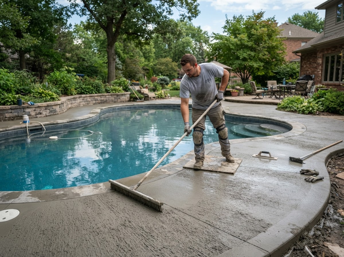 Worker applying slip-resistant texture to a pool deck in Cedar Lake