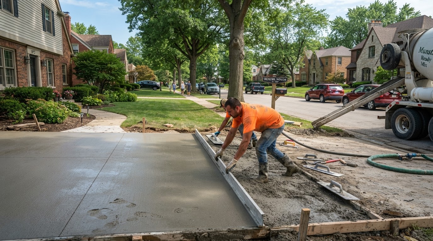 Professional concrete finishing on a Munster driveway replacement
