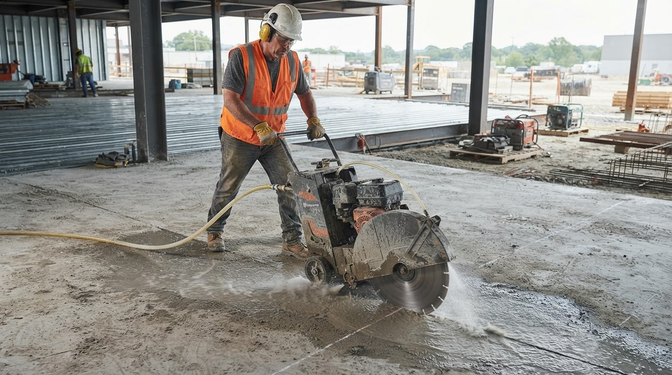 Professional concrete saw cutting on a commercial slab