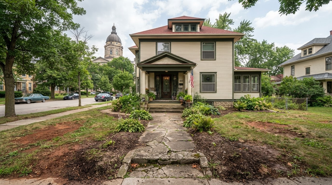 Concrete walkway and driveway at an older Crown Point home near the courthouse area