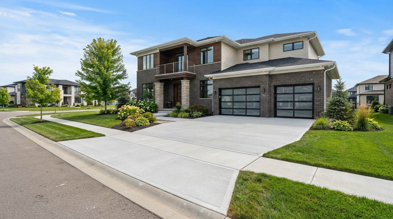 Concrete driveway installation in a newer St. John style residential setting
