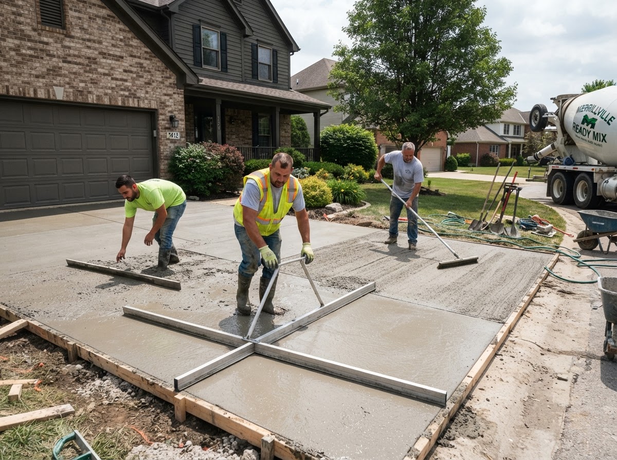 Broom finishing a concrete driveway in Merrillville
