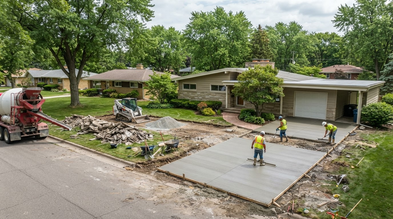 Concrete driveway replacement at an established Highland style home