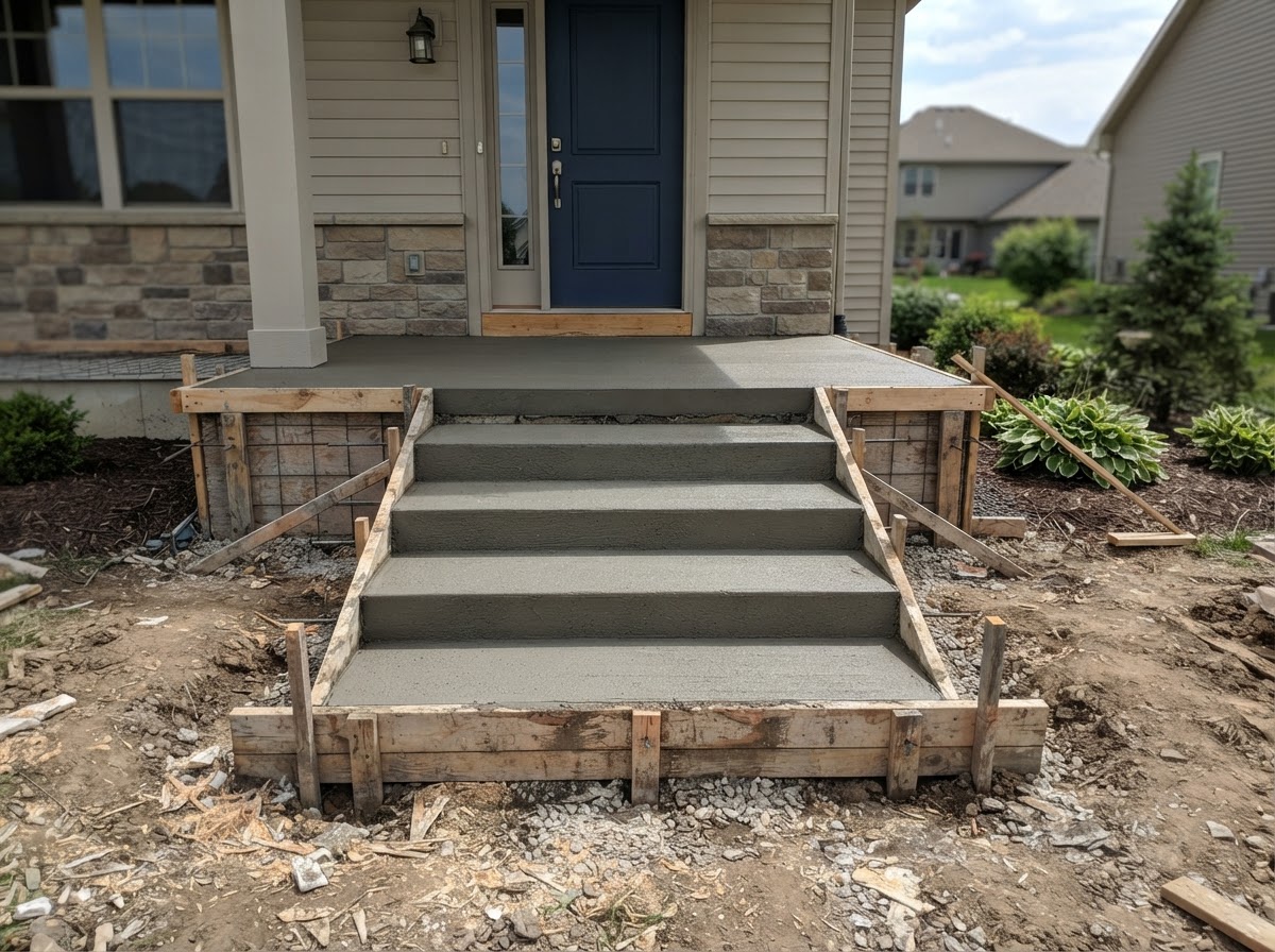Concrete steps and stoop construction for a residential entrance