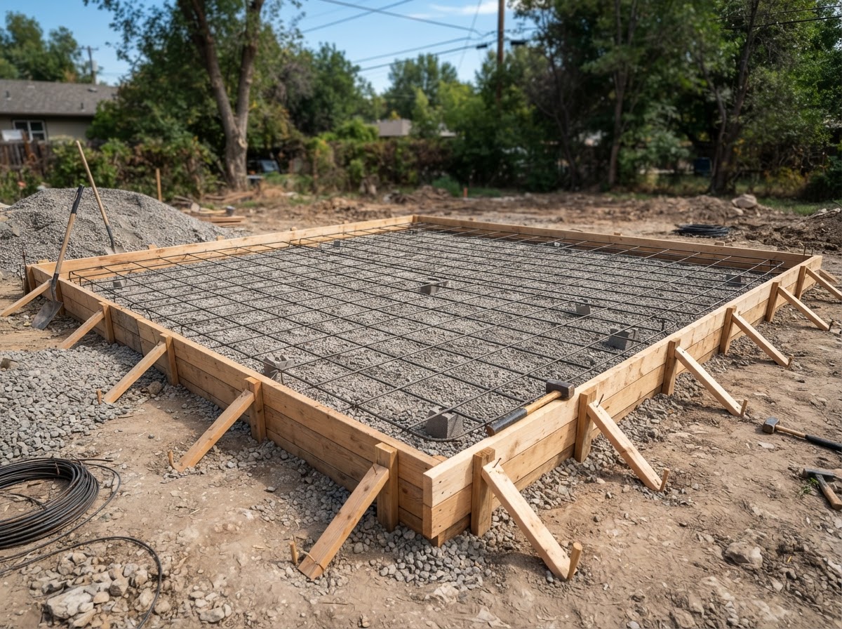 Concrete pad forms, base and reinforcement