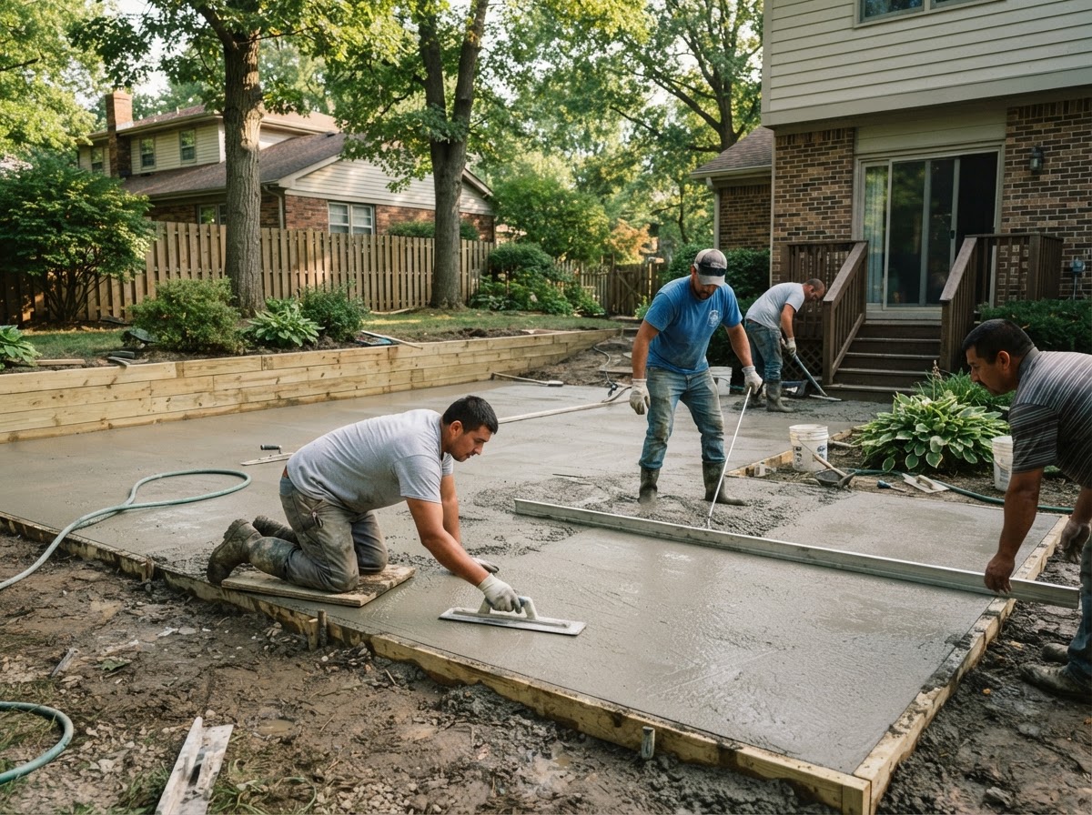 Concrete patio finishing in a residential backyard