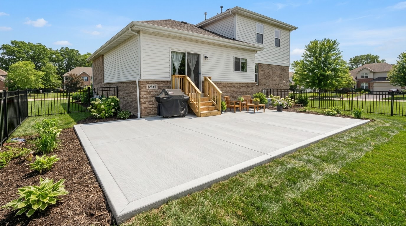 Concrete patio with broom finish behind a Dyer style home