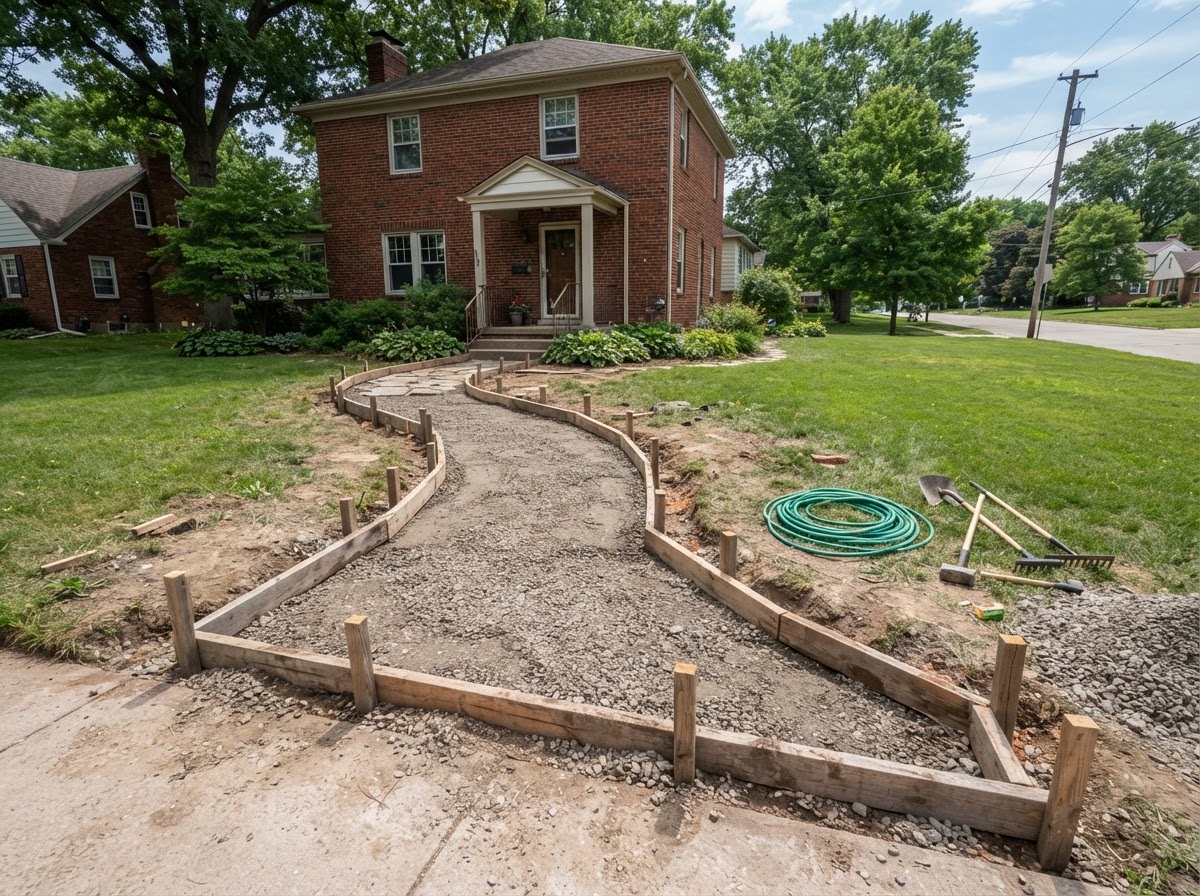 Concrete walkway forms and base preparation