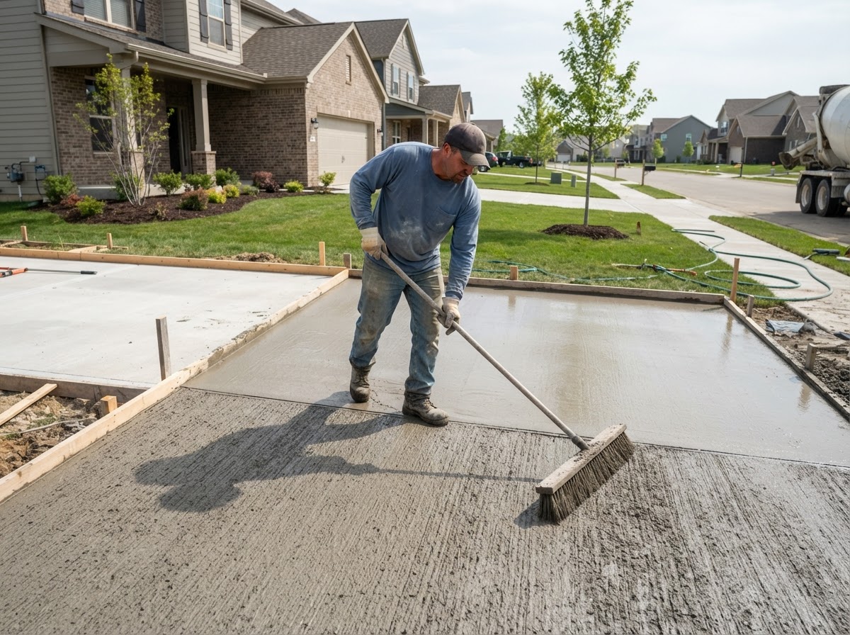 Broom finishing a concrete driveway in Crown Point