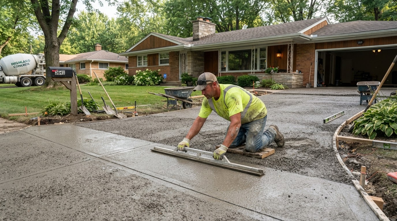 Active concrete finishing on a Highland driveway replacement