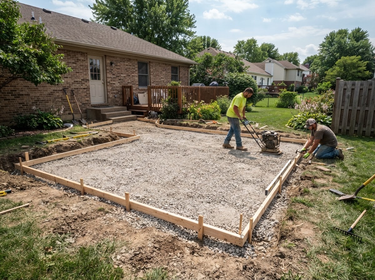 Concrete patio base preparation and forms in Hobart