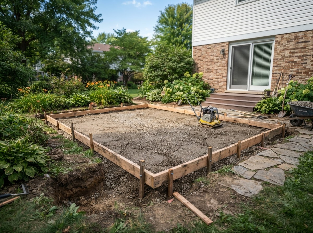 Concrete patio base preparation and forms
