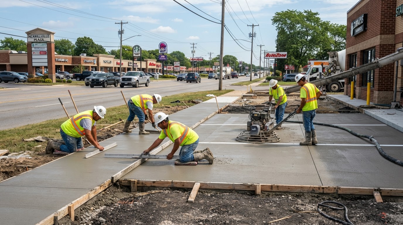 Commercial concrete flatwork installation along a Merrillville corridor