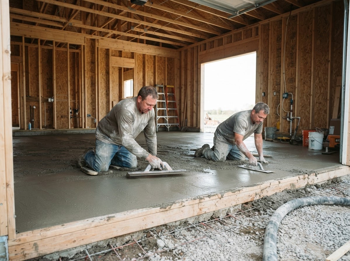 Residential concrete garage slab installation