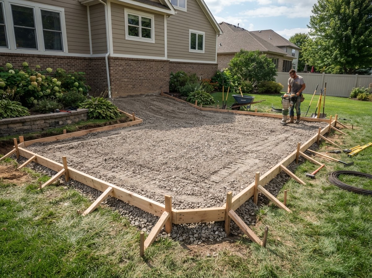Concrete patio base preparation and forms in St. John