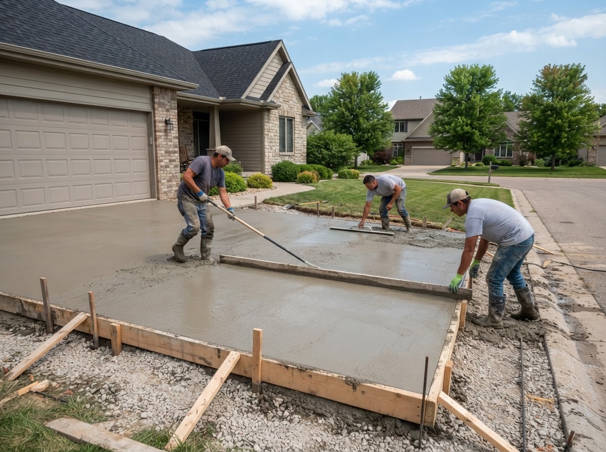 Residential concrete driveway installation