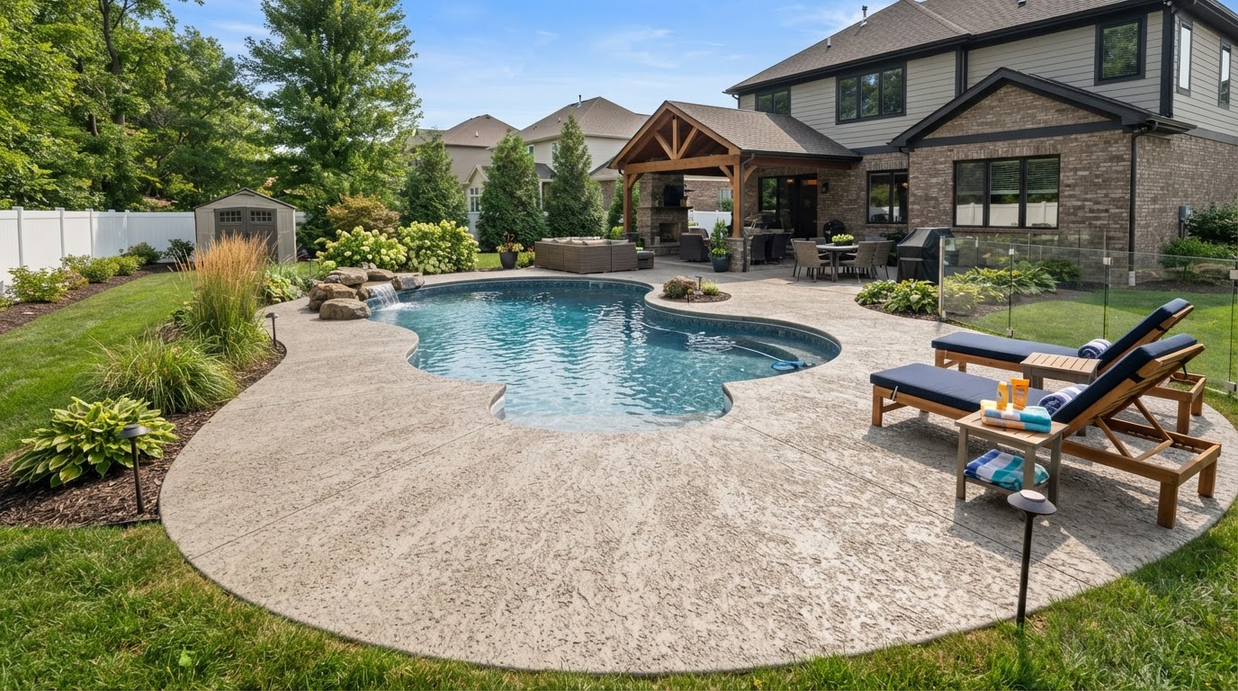Concrete pool deck with textured slip-resistant surface in Cedar Lake