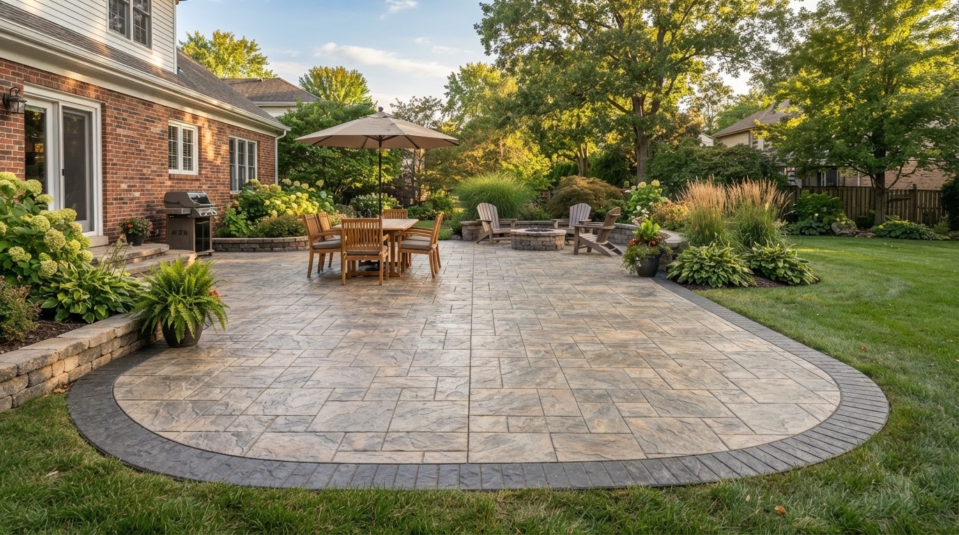 Stamped concrete patio with decorative stone texture