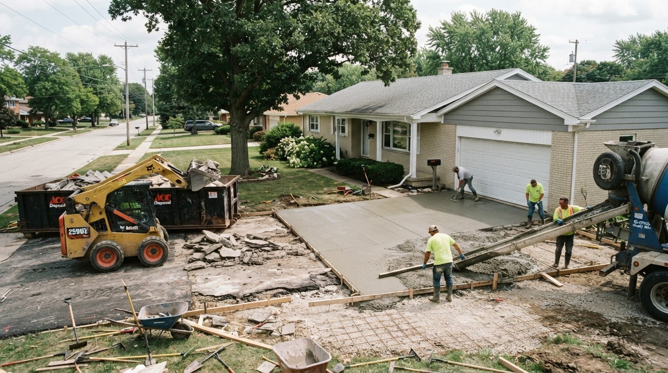 Concrete driveway replacement at an established Griffith style home