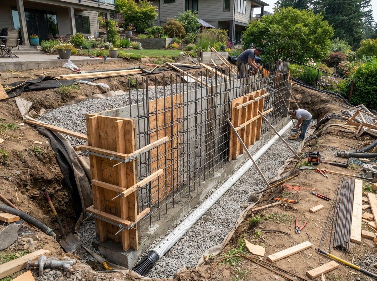 Poured concrete retaining wall construction