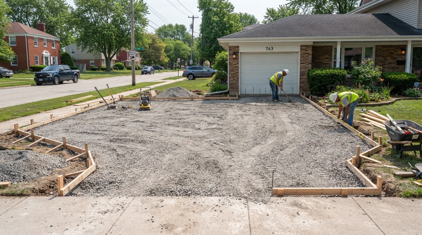 Concrete driveway replacement and base preparation in Munster
