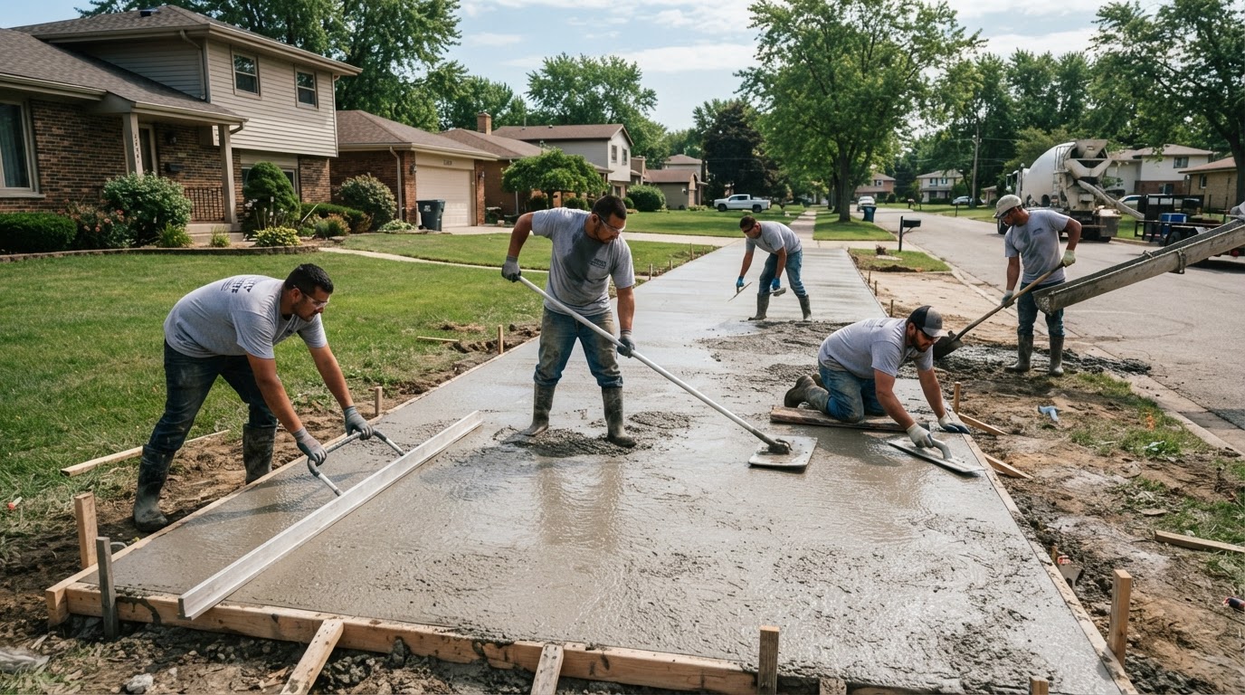 Concrete crew finishing a residential driveway with screed and float tools