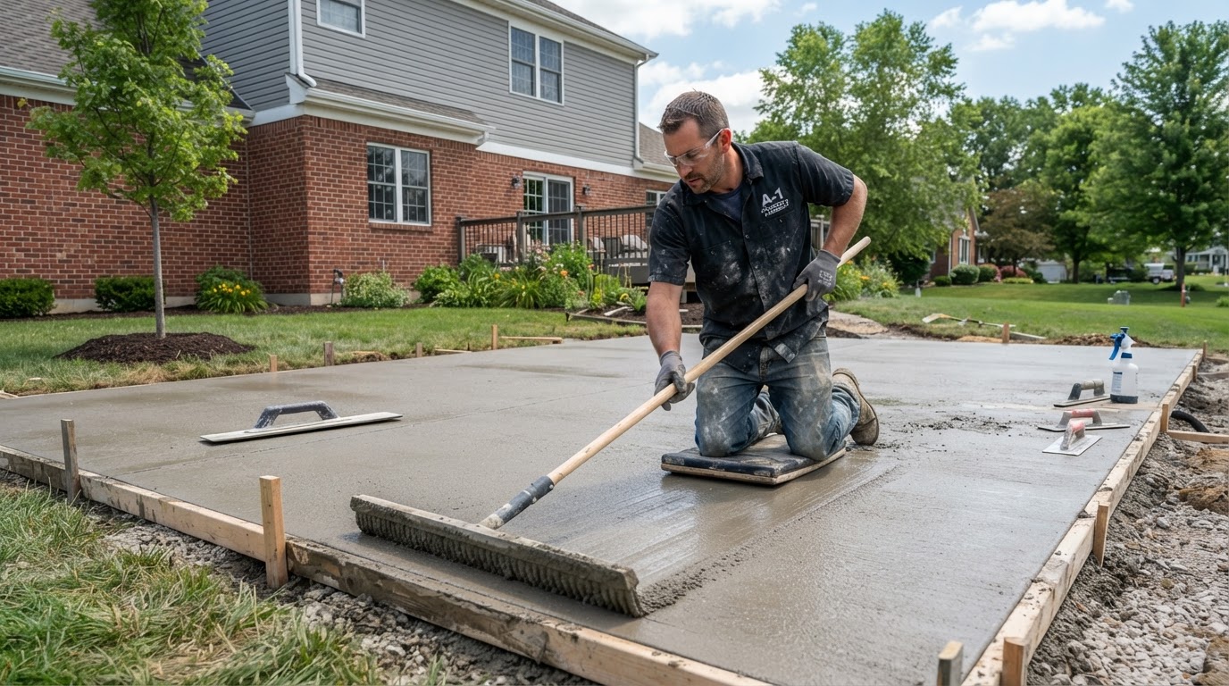 Active concrete finishing on a Hobart patio or driveway installation