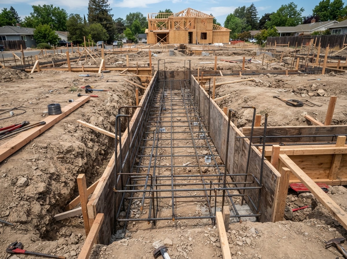 Concrete footing reinforcement and forms
