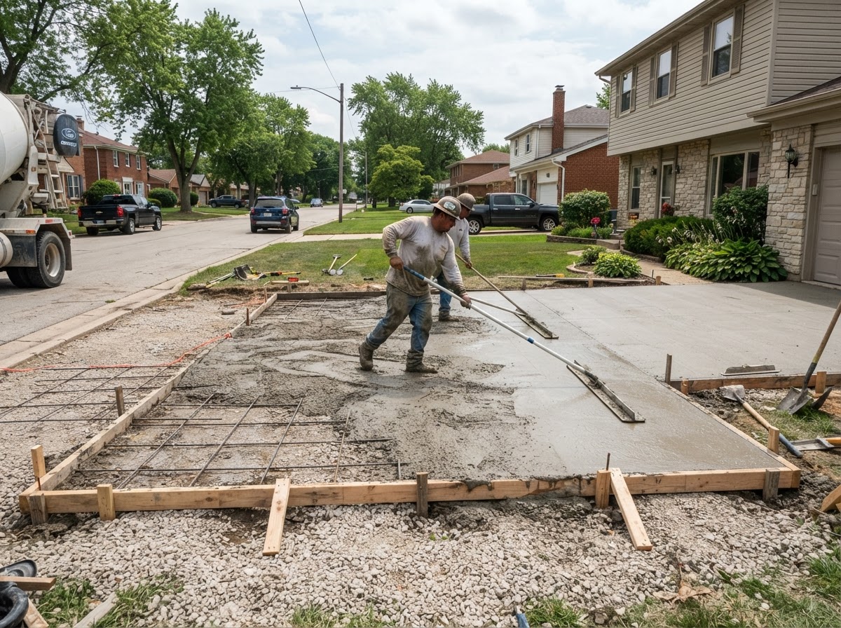 Concrete driveway installation in Schererville style residential setting