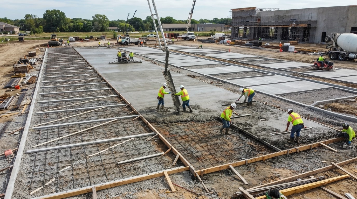 Concrete parking lot construction in a commercial setting