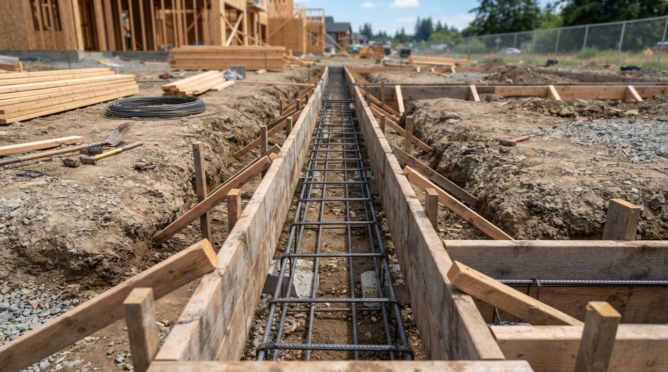 Concrete footing forms and reinforcement
