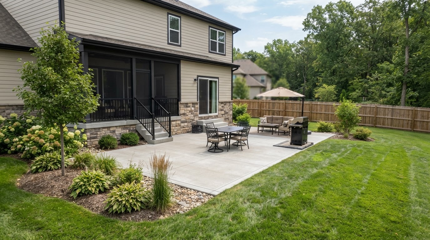 Concrete patio installation in a Cedar Lake residential setting