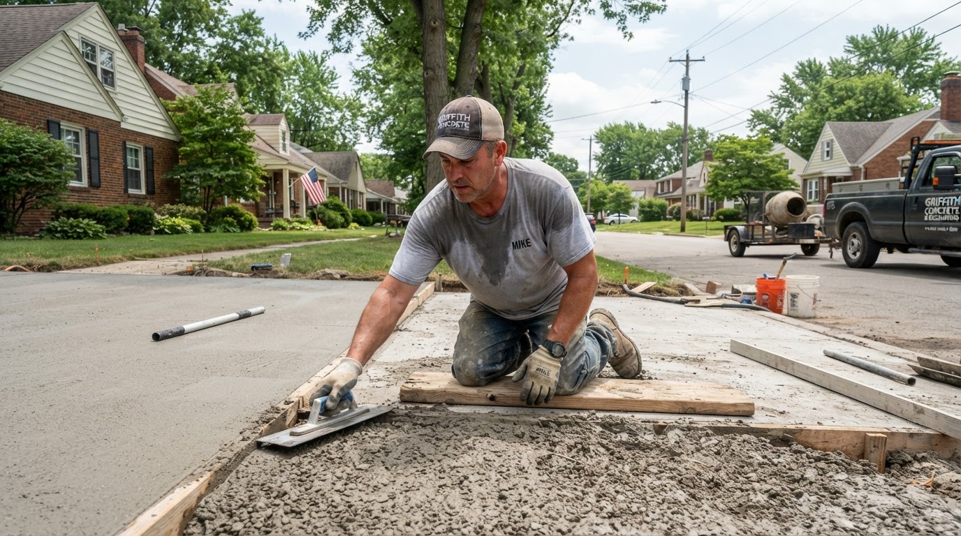 Active concrete finishing on a Griffith driveway replacement