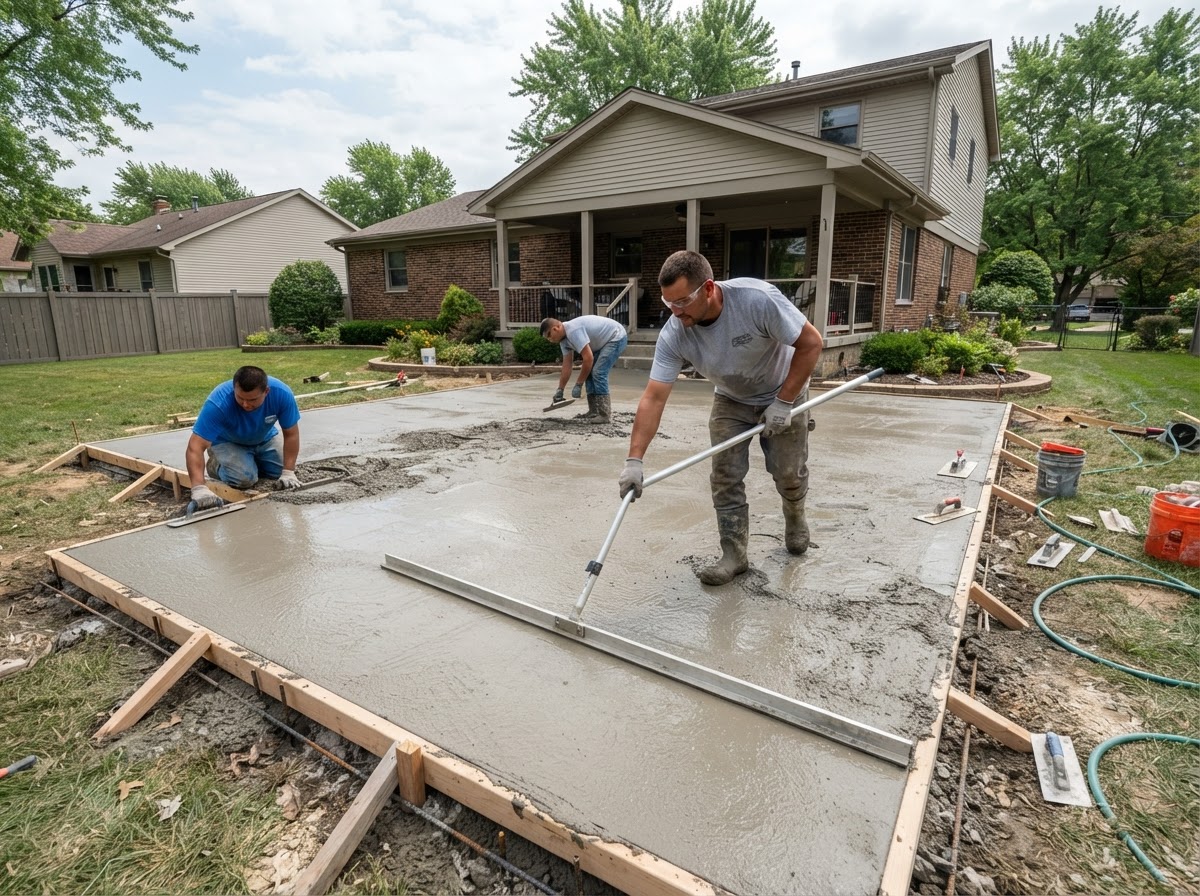 Workers finishing a concrete patio in Hobart