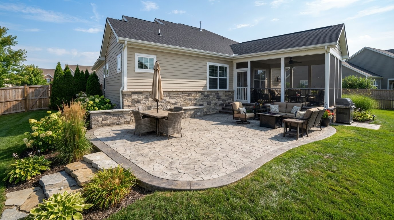 Stamped concrete decorative patio texture for a Crown Point home
