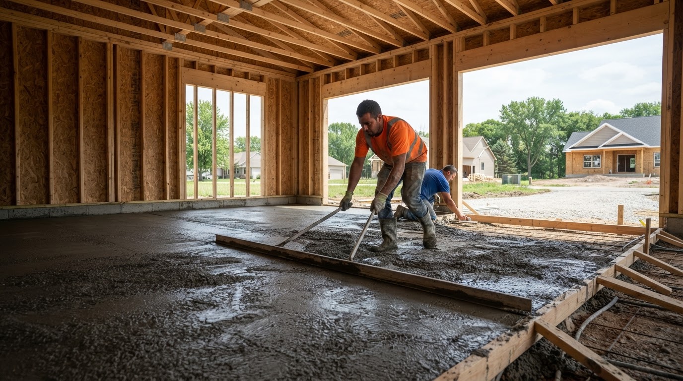 Concrete garage slab installation in a residential garage