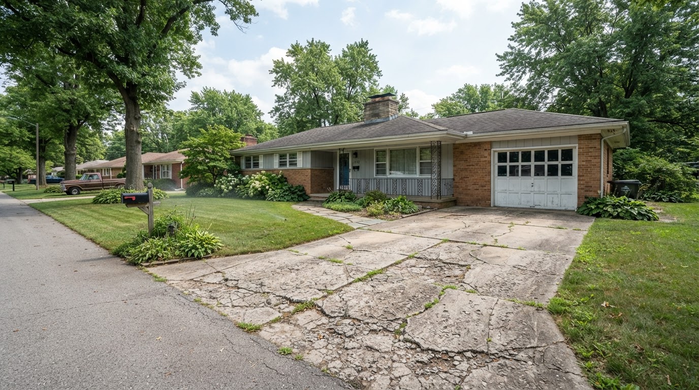 Aging concrete driveway at a mid-century Highland style ranch home